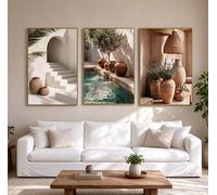 LZJAGXX Ensemble de 3 triptyques sur toile représentant une côte méditerranéenne, avec une arche blanche, un olivier et des pots en terre cuite (40 x 50 cm x 3 / sans cadre).