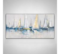 LZJAGXX Grand tableau de voilier Les voiliers se rassemblent dans le paysage du port à peindre Œuvre d'art Peinture bleue nautique Art Décoration murale 60x110cm Sans cadre