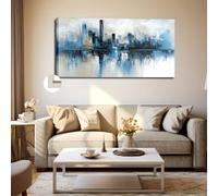 LZJAGXX Grande toile murale - Peinture abstraite représentant un paysage urbain bleu et gris, décoration moderne pour salon ou bureau (70 x 140 cm/Toile tendue sur châssis)