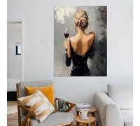 LZJAGXX Impression sur toile représentant une femme en robe noire tenant du vin, décoration murale pour chambre, salle de bain, bureau (40 x 60 cm, cadre intérieur)