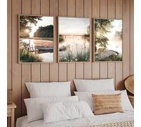 LZJAGXX Impressions sur toile de paysage rustique moderne - Triptyque géométrique représentant un lac serein et un canoë en bois - Décoration intérieure (40x60cmx3/sans cadre)