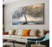 LZJAGXX Peinture à l'huile sur toile représentant un arbre de vie, grande taille, abstrait, texturé, bleu, gris, arbre en fleurs, art mural, décoration de salon moderne, 50 x 100 cm, sans cadre