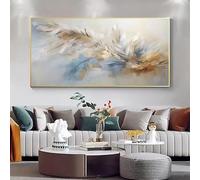 LZJAGXX Tableau abstrait moderne à l'aquarelle, motif plumes, bleu, beige, blanc, or et gris, décoration murale pour salon (20 x 40 cm/cadre intérieur)