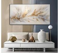 LZJAGXX Tableau abstrait moderne sur toile, motif plumes beige et or, grande aquarelle, décoration murale pour salon (50 x 100 cm/cadre intérieur)