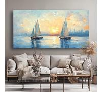 LZJAGXX Tableau abstrait sur toile représentant des voiliers au coucher du soleil sur une ville, décoration murale horizontale pour salon ou chambre (50 x 100 cm/Toile tendue sur châssis)