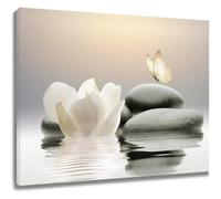 LZJAGXX Tableau mural en toile Zen Stone, motif floral blanc et papillon jaune, décor de lac pour salle de bain, salon, salle de yoga moderne et spa (70 x 100 cm, sans cadre)
