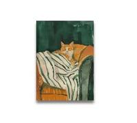 LZJAGXX Tableau sur toile représentant un chat rigolo, affiche vert émeraude et orange, portrait de chat endormi, impression d'art représentant un chat à rayures mignonnes (60x80cm/sans cadre)