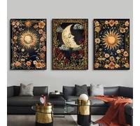 LZJAGXX Tableau sur toile Tarot Soleil et Lune Peinture céleste Décoration Images Astrologie Gothique Fleurs sauvages Étoiles Affiches Impressions (30x45cmx3/Sans cadre)