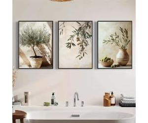 LZJAGXX Toile murale vintage représentant un olivier - Thème rustique italien avec jardinières anciennes et feuilles vertes, affiche imprimée pour cuisine (30 x 40 cm x 3, cadre intérieur)
