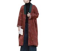 LZJN Veste longue en lin imprimé floral en coton matelassé chaud rembourré long ample pour femme, rouge foncé, taille unique