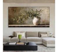 LZMASM Rameau d'olivier moderne en pot blanc, tons vert olive, beige et marron, affiche murale minimaliste sur toile (80 x 160 cm, sans cadre)