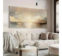 LZMASM Tableau abstrait texturé beige et doré à l'huile sur toile (80 x 160 cm, sans cadre) pour salon, chambre, décoration intérieure