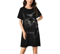 LZNJZ Chemise de nuit à manches courtes, chemise de nuit à motif chat noir pour femme, Chat noir regardant, S