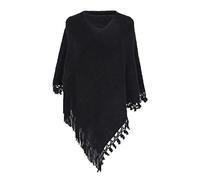 LZPCarra Poncho rayé pour femme avec glands, écharpe tricotée, écharpe, franges, châle, pull pashminas, pull, cape, cadeaux pour femme, écharpe noire à franges, Noir , taille unique