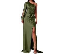 LZPCarra Tunique rouge à une épaule en satin robe de bal à manches longues robes formelles avec fente plissée une ligne soirée robes festives pour femme mariage, AG, S