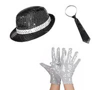 LZPLJLWS Accessoires Costume Disco Années 80 - Chapeau, Gants et Cravate à Paillettes Brillantes pour Homme, Idéal pour Halloween, Soirée à Thème, Performances et Cosplay de Rockstar, Taille Unique