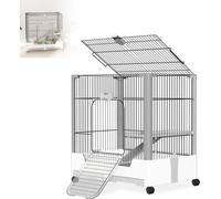 LZQ Cage pour petits animaux avec roulettes & serrure - 2 niveaux, cage métallique avec plate-forme, échelle & bac à déjections pour lapins, cochons d'Inde & furets, blanc/gris