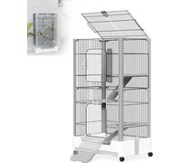 LZQ Cage pour petits animaux avec roulettes & serrure - 4 niveaux, cage métallique avec plates-formes, échelles & bacs à déjections pour lapins, cochons d'Inde & furets, blanc/gris