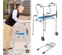LZQ Déambulateur pour personnes âgées, stable, en aluminium, antidérapant, avec poignée ergonomique, 8 vitesses de réglage de la hauteur, tréteau pliable avec siège amovible et 2 roulettes pivotantes