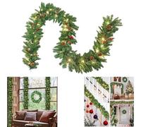 LZQ Guirlande de Noël de 5 m avec éclairage, décoration de Noël avec baies rouges et pommes de pin, guirlande de sapin pour décoration intérieure et extérieure des portes, murs et escaliers