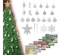 LZQ Lot de 138 boules de Noël - Décoration de Noël - Décoration de Noël - Décoration de sapin de Noël - Avec étoile au sommet de l'arbre et emballage cadeau - Argenté