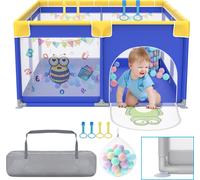 LZQ Parc bébé 127x127cm, Barrière de sécurité bébé avec filet respirant et porte zippée, Aire de jeux sécurité enfant, Antidérapant Bébé Playpen, Bleu avec motifs d'animaux