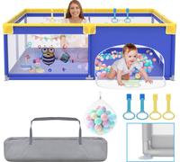 LZQ Parc bébé 200x180cm, Barrière de sécurité bébé avec filet respirant et porte zippée, Aire de jeux sécurité enfant, Antidérapant Bébé Playpen, Bleu avec motifs d'animaux