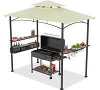 LZQ Pavillon de barbecue avec double toit, étagères latérales, panier métallique, crochet et ouvre-bouteille, abris pour barbecue résistant aux intempéries, 244 x 153 x 250 cm,Beige