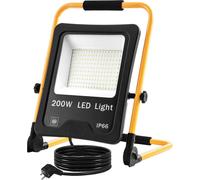 LZQ Projecteur de chantier LED blanc froid 200W Projecteur de travail LED avec support et câble d'alimentation étanche IP66 pour garage, jardin, chantier