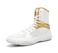 LZQpearl Boxschuhe, Modische High-Top Muay-Thai Wrestling Stiefel, Professionelle Kampfsport Sparring Sneaker Für Herren Damen (White&Glod,44)