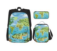 LZQPOEAS Ensemble de 3 sacs à dos avec carte du monde pour ordinateur portable, sac à déjeuner, trousse à crayons pour homme et femme, noir, taille unique, sacs à dos de voyage, Noir , Taille unique,