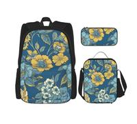 LZQPOEAS Ensemble de 3 sacs à dos avec fleurs bleues et jaunes pour ordinateur portable, sac à déjeuner, trousse à crayons pour homme et femme, noir, taille unique, sacs à dos de voyage, Noir , Taille