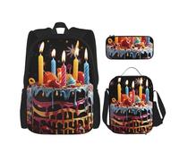 LZQPOEAS Ensemble de 3 sacs à dos avec grand gâteau d'anniversaire pour ordinateur portable, sac à déjeuner, trousse à crayons pour homme et femme, noir, taille unique, sacs à dos de voyage, Noir ,