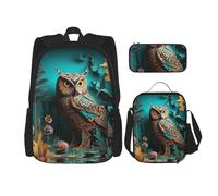 LZQPOEAS Ensemble de 3 sacs à dos avec hibou pour ordinateur portable, sac à déjeuner, trousse à crayons pour homme et femme, noir, taille unique, sacs à dos de voyage, Noir , Taille unique, Sacs à