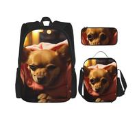 LZQPOEAS Ensemble de 3 sacs à dos avec motif Chihuahua déprimé pour ordinateur portable, sac à déjeuner, trousse à crayons pour homme et femme, noir, taille unique, sacs à dos de voyage, Noir , Taille