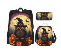 LZQPOEAS Ensemble de 3 sacs à dos avec motif hibou, fantôme, citrouille, sac à dos pour ordinateur portable, sac à déjeuner, trousse à crayons pour homme et femme, noir, taille unique, sacs à dos de