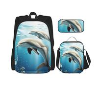 LZQPOEAS Ensemble de 3 sacs à dos avec motif Kiss Dolphin Tale pour ordinateur portable, sac à déjeuner, trousse à crayons pour homme et femme, noir, taille unique, sacs à dos de voyage, Noir , Taille