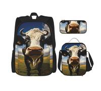 LZQPOEAS Ensemble de 3 sacs à dos avec motif vache de prairie pour ordinateur portable, sac à déjeuner, trousse à crayons pour homme et femme, noir, taille unique, sacs à dos de voyage, Noir , Taille