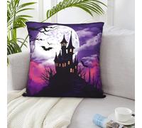 LZQPOEAS Housses de coussin carrées décoratives double face pour canapé, château d'Halloween, ciel violet, 45,7 x 45,7 cm, housse de coussin décorative en peluche douce pour salon