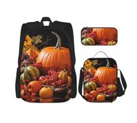 LZQPOEAS Lot de 3 sacs à dos avec feuilles d'automne et citrouille pour ordinateur portable, sac à déjeuner, trousse à crayons pour homme et femme, noir, taille unique, sacs à dos de voyage, Noir ,