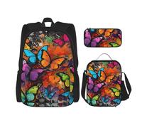 LZQPOEAS Lot de 3 sacs à dos avec imprimé papillon graffiti artistique pour ordinateur portable, sac à déjeuner, trousse à crayons pour homme et femme, noir, taille unique, sacs à dos de voyage, Noir