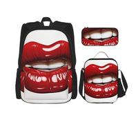 LZQPOEAS Lot de 3 sacs à dos avec jolis lèvres rouges pour ordinateur portable, sac à déjeuner, trousse à crayons pour homme et femme, sac de voyage, Noir , Taille unique, Sacs à dos de voyage