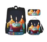 LZQPOEAS Lot de 3 sacs à dos avec motif cupcakes colorés « Happy Birthday » pour ordinateur portable, sac à déjeuner, trousse à crayons pour homme et femme, noir, taille unique, sacs à dos de voyage,