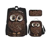 LZQPOEAS Lot de 3 sacs à dos avec motif hibou grains de café pour ordinateur portable, sac à déjeuner, trousse à crayons pour homme et femme, noir, taille unique, sacs à dos de voyage, Noir , Taille
