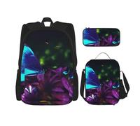 LZQPOEAS Lot de 3 sacs à dos avec motif papillon bleu violet pour ordinateur portable, sac à déjeuner, trousse à crayons pour homme et femme, noir, taille unique, sacs à dos de voyage, Noir , Taille