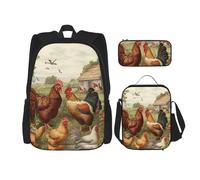 LZQPOEAS Lot de 3 sacs à dos avec poules et ferme pour ordinateur portable, sac à déjeuner, trousse à crayons pour homme et femme, noir, taille unique, sacs à dos de voyage, Noir , Taille unique, Sacs
