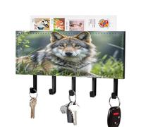 LZQPOEAS Support mural pour clés loup sur l'herbe avec organiseur de courrier adhésif tendance avec 5 crochets sans perçage en cuir synthétique pour entrée, cuisine, couloir