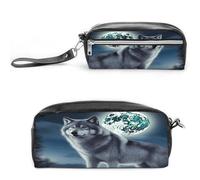 LZQPOEAS Trousse à crayons Wolf Under Moon en cuir synthétique avec fermeture éclair - Étanche - Pour homme et femme