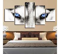 LZRNWP 5 Panneau animal loup yeux bleus Peinture Murale d'art l'image Imprimée Huile sur Toile Photos d'œuvres d'art Art Mural Poster pour Domicile, Salon, Chambre Décoration Moderne 100x50cm