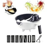 LZTET Panier éGouttoir Et Coupe LéGumes Multifonction,Mandoline 9-en-1 avec Passoire IntéGréE 7 Lames Julienne,DéS,RâPé,Hachoir RâPe Compact Manuel pour Pommes De Terre,Oignons Carottes(White)
